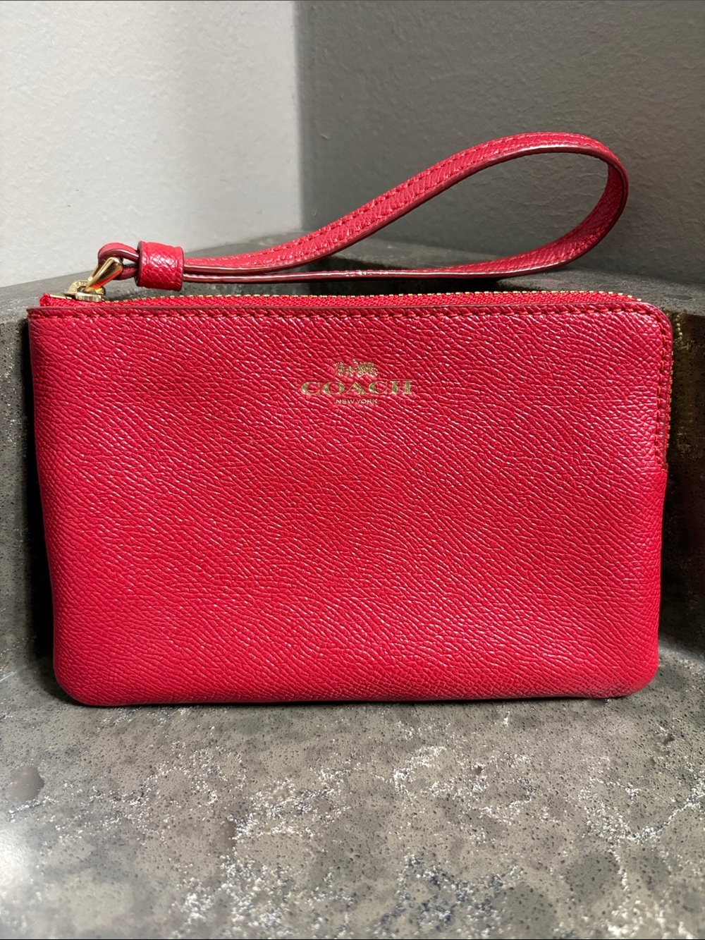 Coach Red Leather Zip Wristlet with Gold Logo